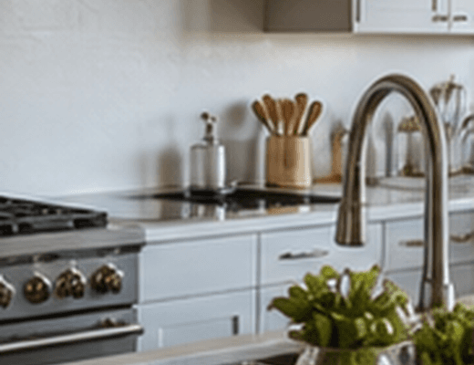 Same kitchen with clear, wiped counters and clean floors after cleaning