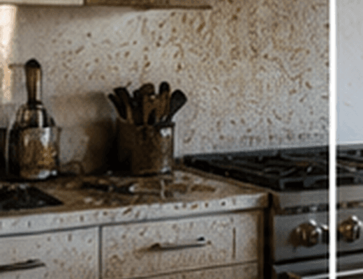 Cluttered kitchen with greasy counters before cleaning