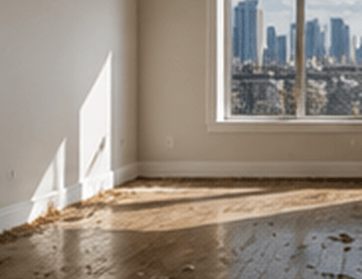 Empty room with scuffed floors and dust before a move-out clean